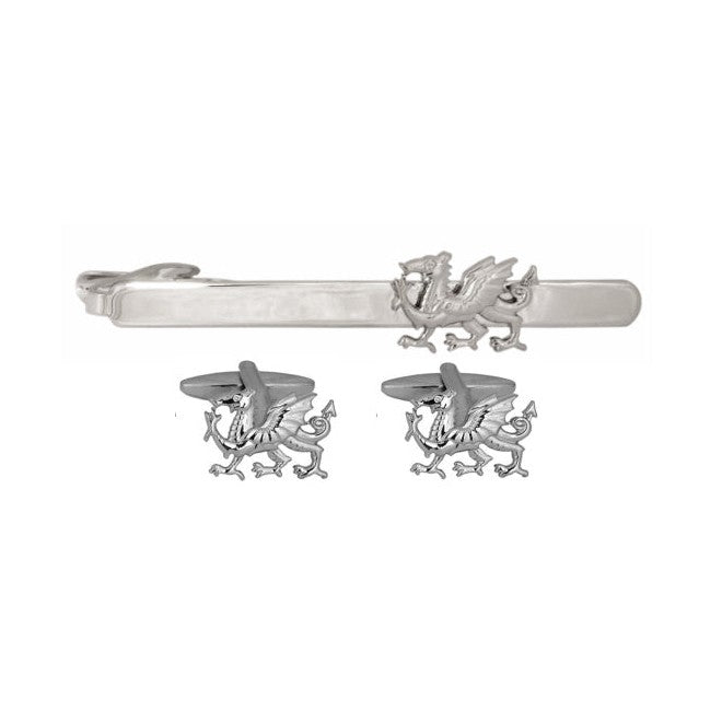 Dragon Cut-Out Rhodium Cufflink & Tie Slide Set - Leonard Silver - tie slide above matching cufflink pair