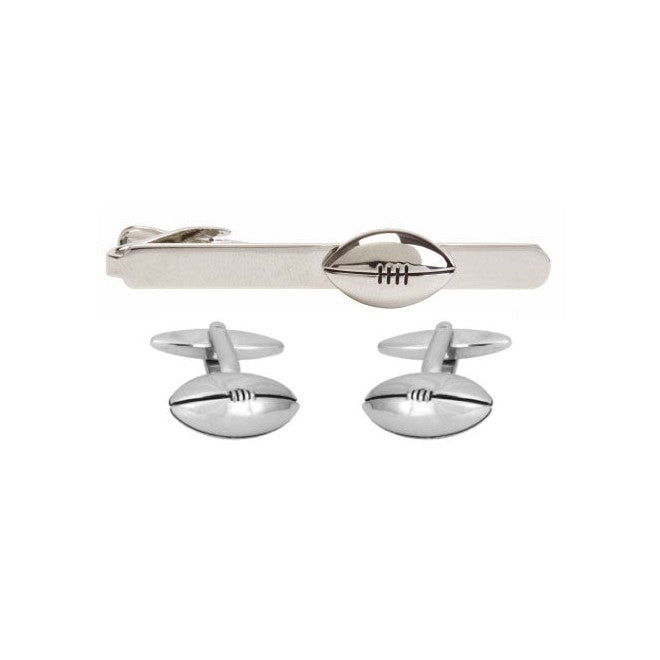 Rugby Ball Cufflinks & Tie Slide Set, Rhodium Plated - Leonard Silver - tie slide above pair of cufflinks