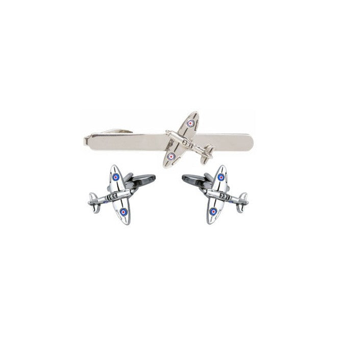 Spitfire Rhodium Plated Cufflink and Tie Slide Set - Leonard Silver - tie slide above matching pair of cufflinks