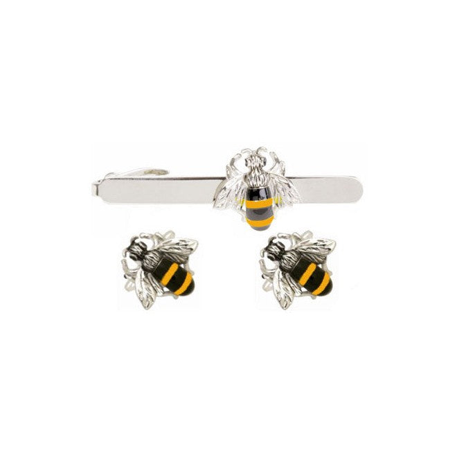 Bee Cufflinks And Tie Clip Set, Rhodium Plated - Leonard Silver - tie clip above matching pair of cufflinks