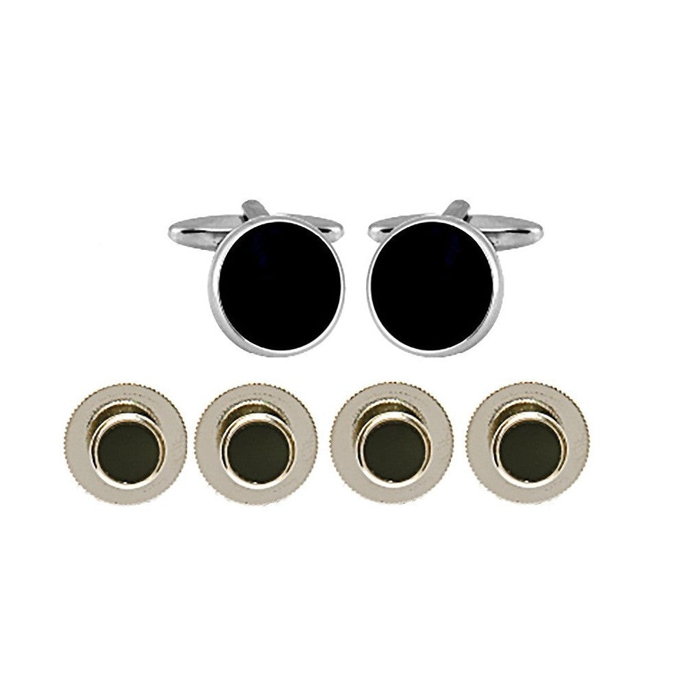 Black and Rhodium Round Cufflinks and Dress Stud Set - Leonard Silver - cufflinks with four studs