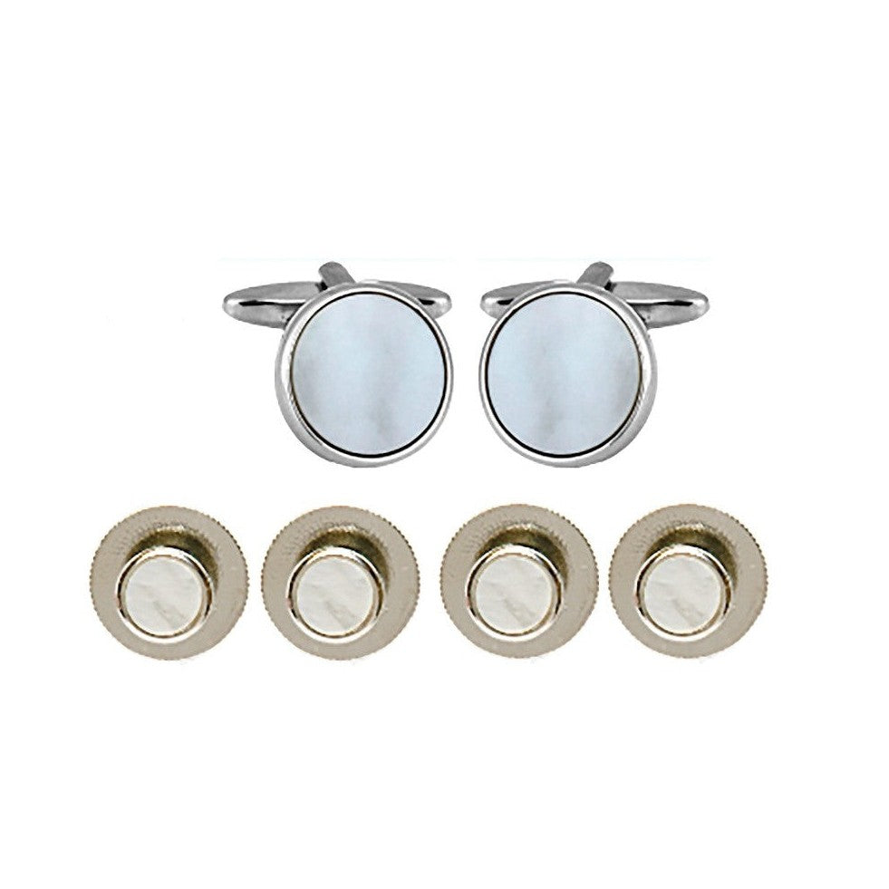 White Round Rhodium Cufflink & Dress Stud Set - Leonard Silver - cufflinks and four studs