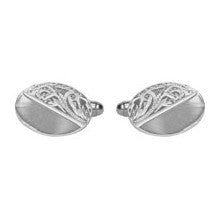 Half Engraved Oval Sterling Silver Cufflinks - Leonard Silver - pair shown front on