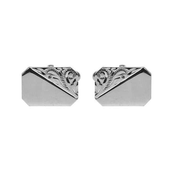 Sterling Silver Rectangle Engraved Corner Cufflinks - Leonard Silver - front view of pair