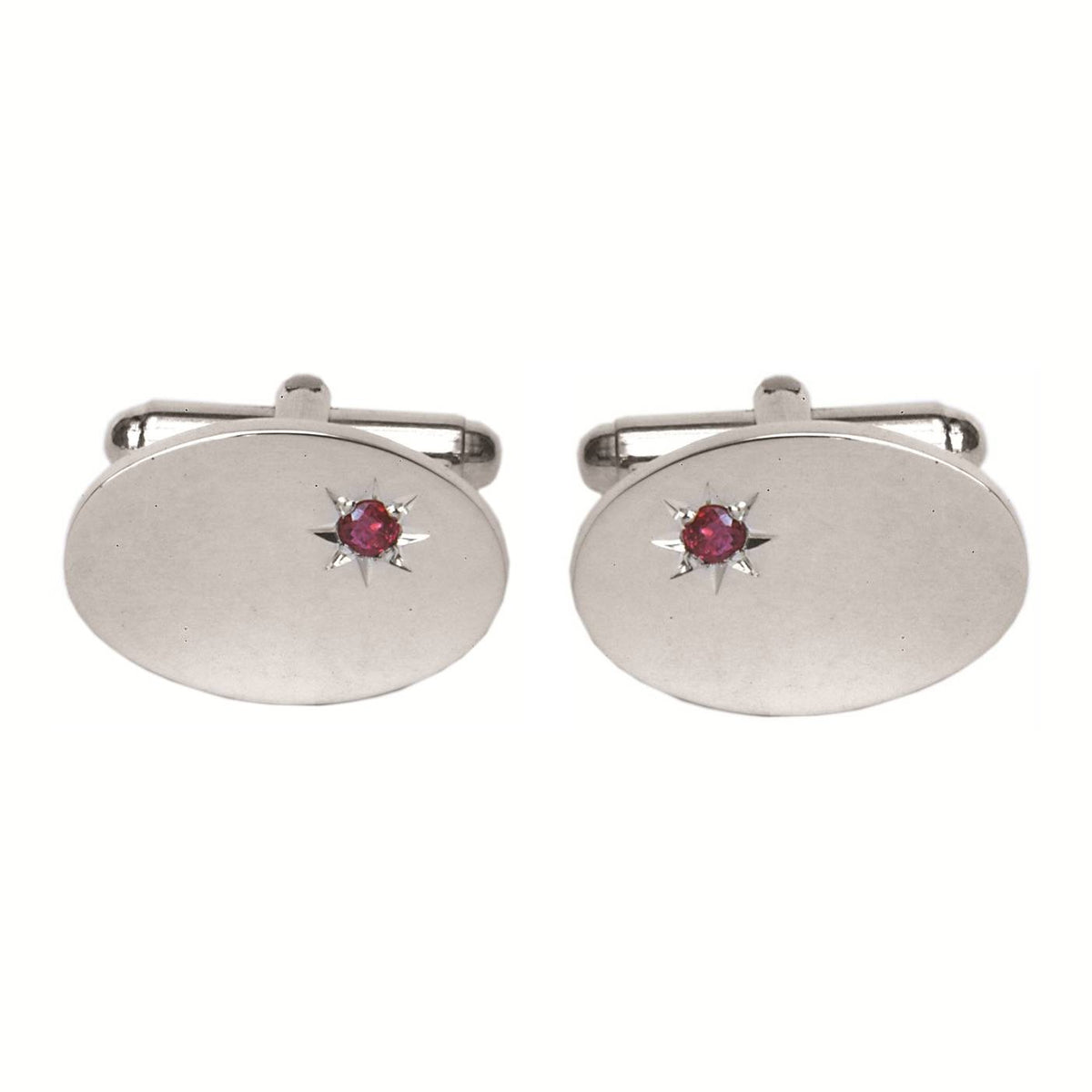 Ruby Star Set Oval Sterling Silver Cufflinks - Leonard Silver - front