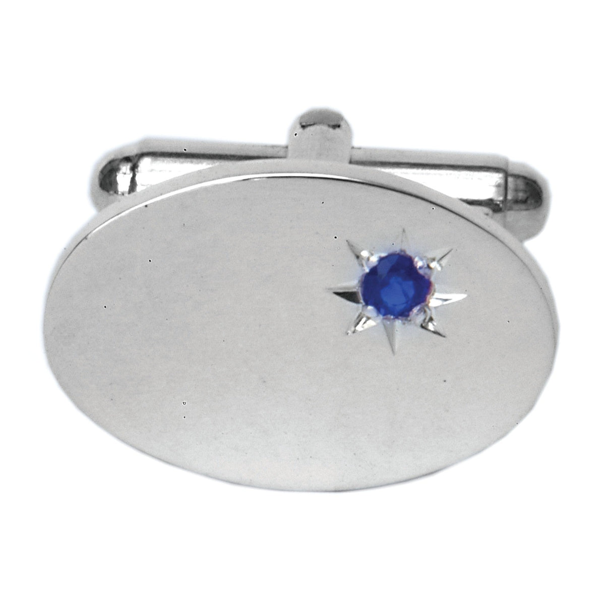 Sapphire Star Set Oval Sterling Silver Cufflinks - Leonard Silver - front view of oval face with sapphire star setting