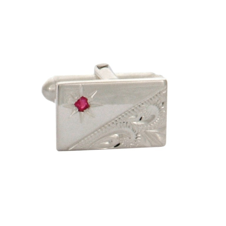 Ruby Stone Star Set Sterling Silver Rectangle Cufflinks - Leonard Silver - front and side view