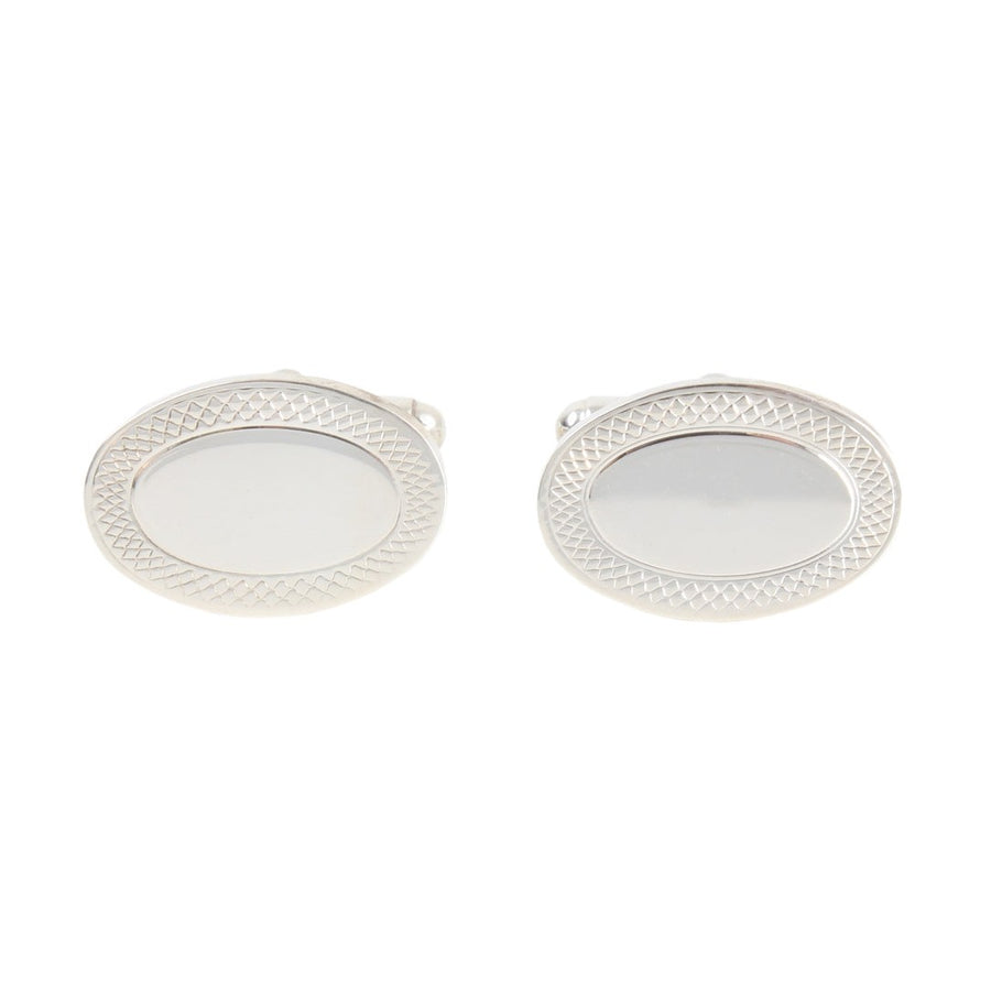 Oval Sterling Silver Cufflinks With Engraved Border - Leonard Silver - front pair