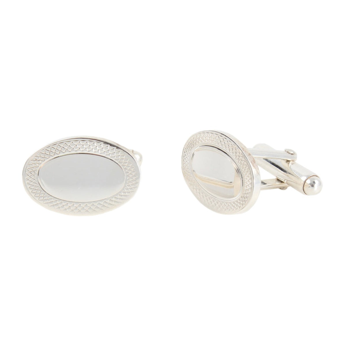 Oval Sterling Silver Cufflinks With Engraved Border - Leonard Silver - side view showing swivel bar fitting