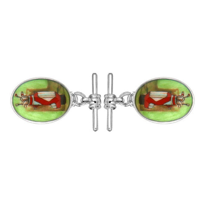 Golf Bag Enamel Oval Sterling Silver Cufflinks - Leonard Silver - pair showing enamel faces and T-bar fittings