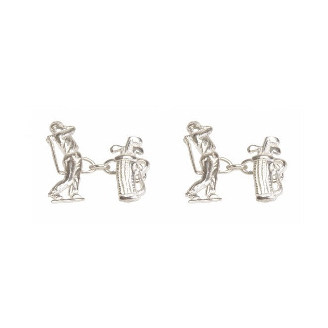 Golfer and Golf Bag Sterling Silver Chain Cufflinks - Leonard Silver - pair shown front on