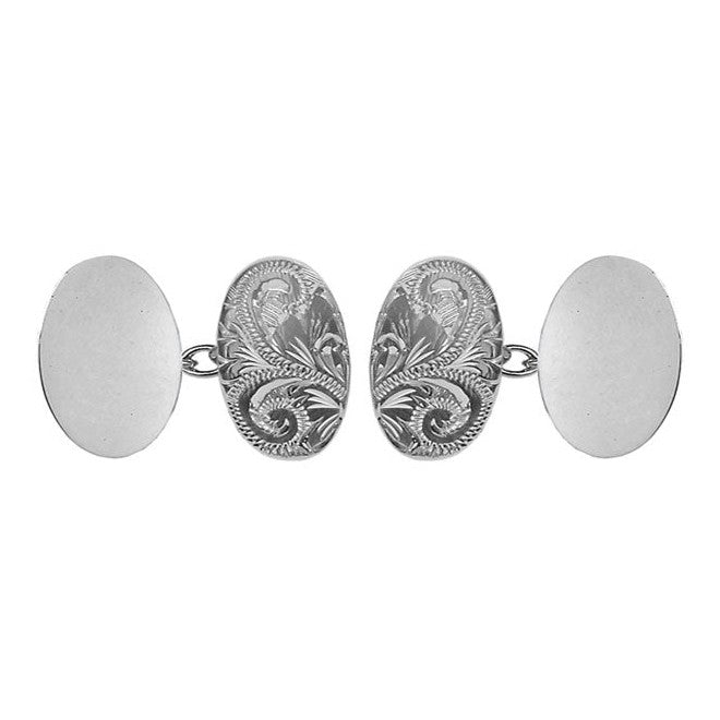 Large Oval Engraved Sterling Silver Chain Link Cufflinks - Leonard Silver - engraved and plain faces