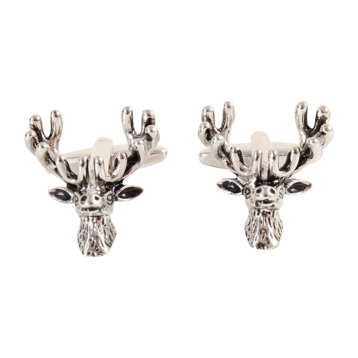 Stag's Head Cufflinks in Burnished Rhodium Plate - Leonard Silver - front view of pair