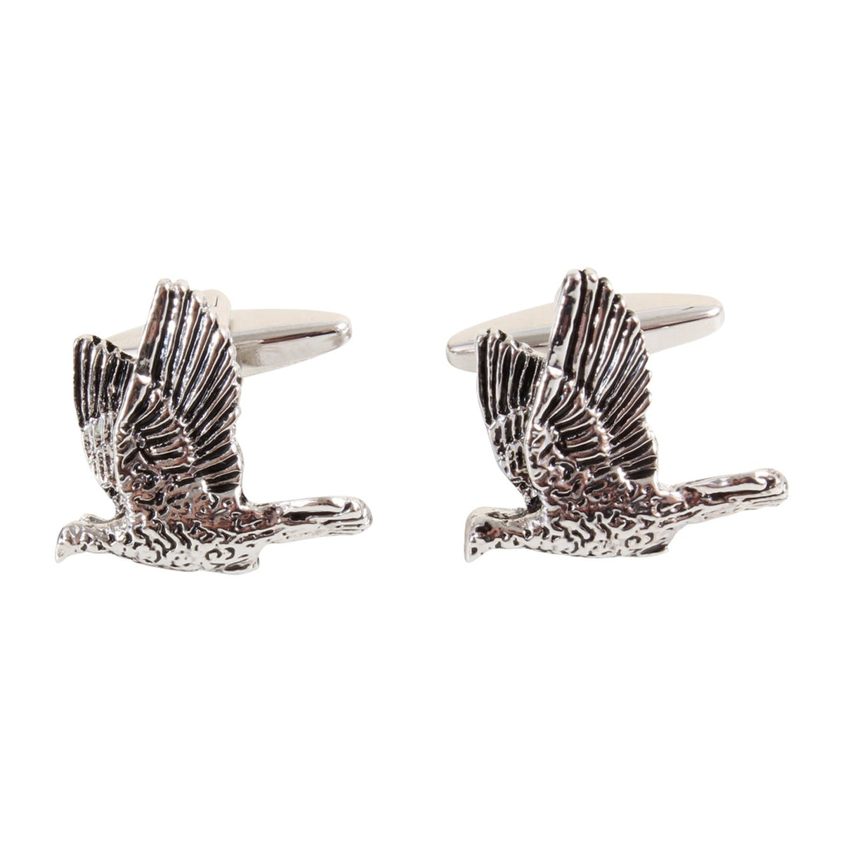 Flying Game Bird Cufflinks in Burnished Rhodium Plate - Leonard Silver - pair shown front on