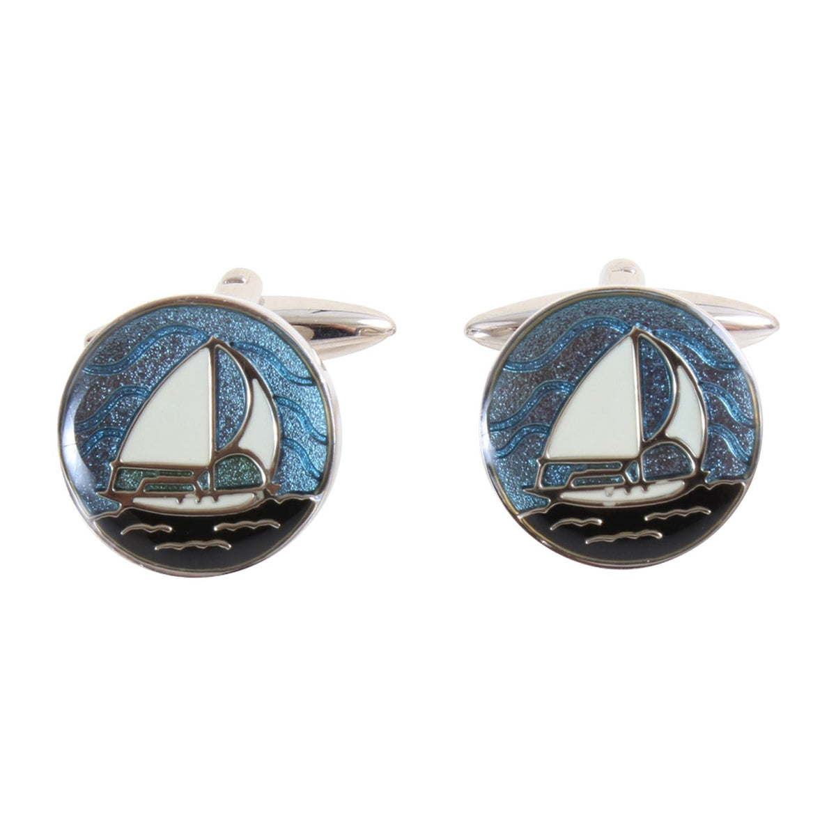 Blue Enamel Yacht Scene Round Cufflinks - Leonard Silver - detail of enamelled faces