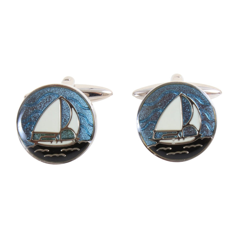 Blue Enamel Yacht Scene Round Cufflinks - Leonard Silver - detail of enamelled faces