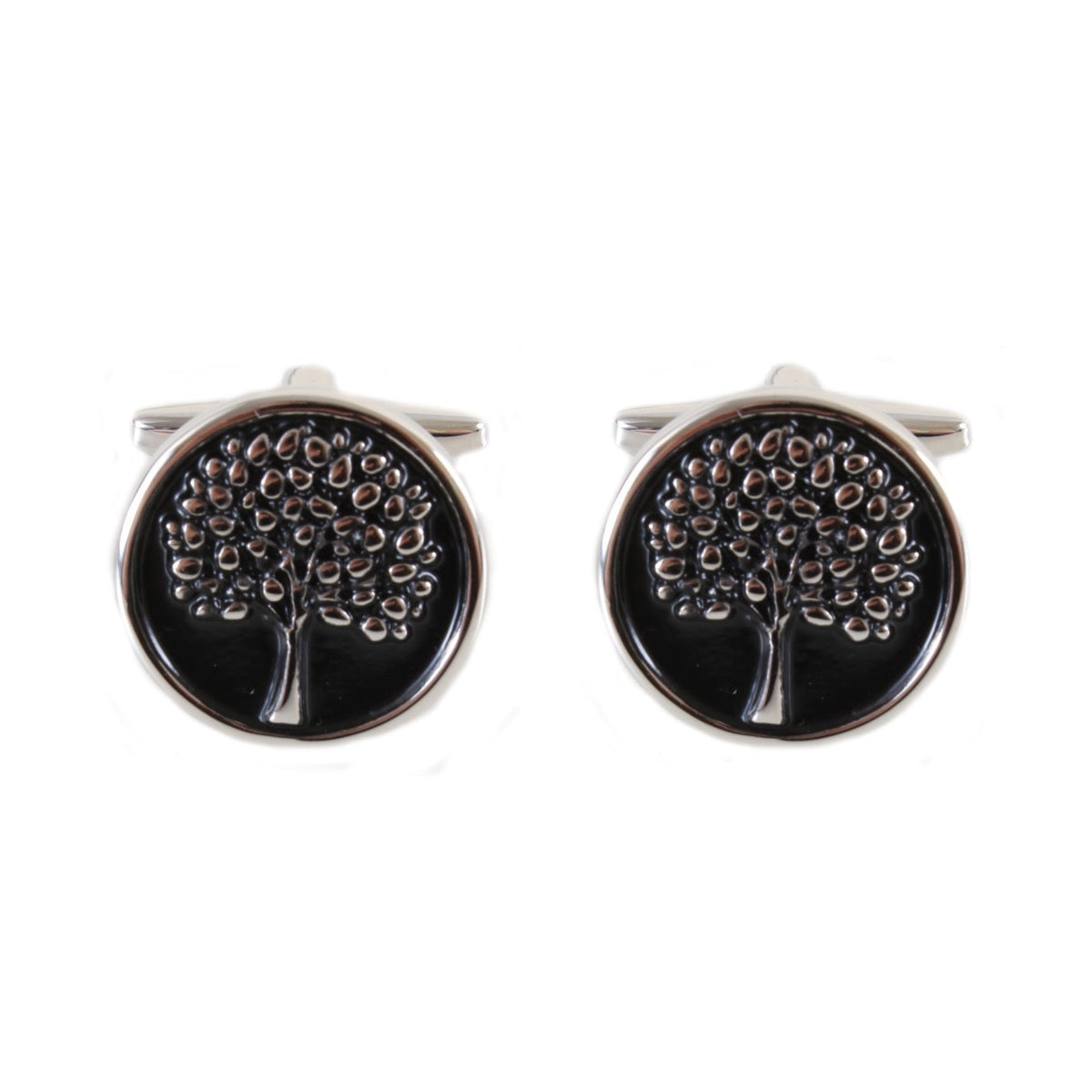 Tree Of Life Cufflinks - Black Enamel Disc - Leonard Silver - tree motif detail