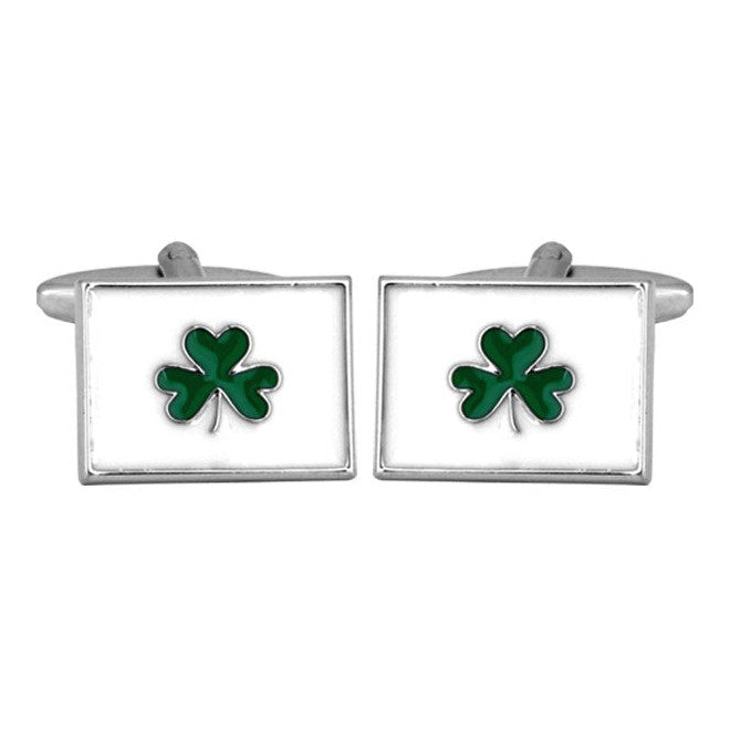 Green Shamrock Rhodium Plated Cufflinks - Leonard Silver - pair, front view
