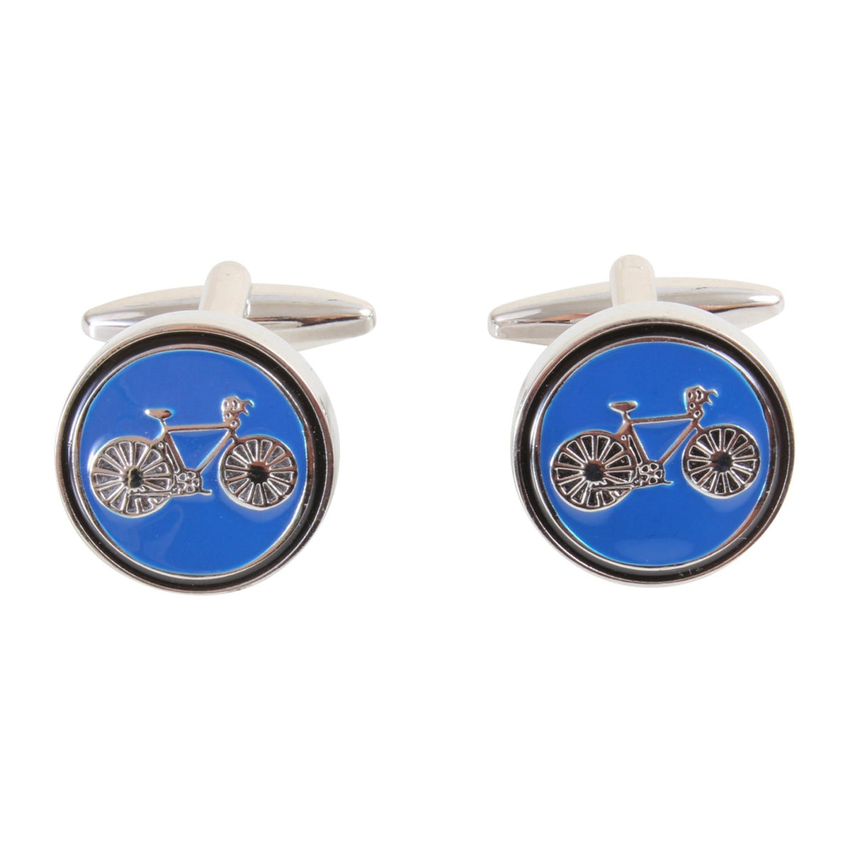 Blue Bicycle Round Cufflinks - Leonard Silver - front view of pair