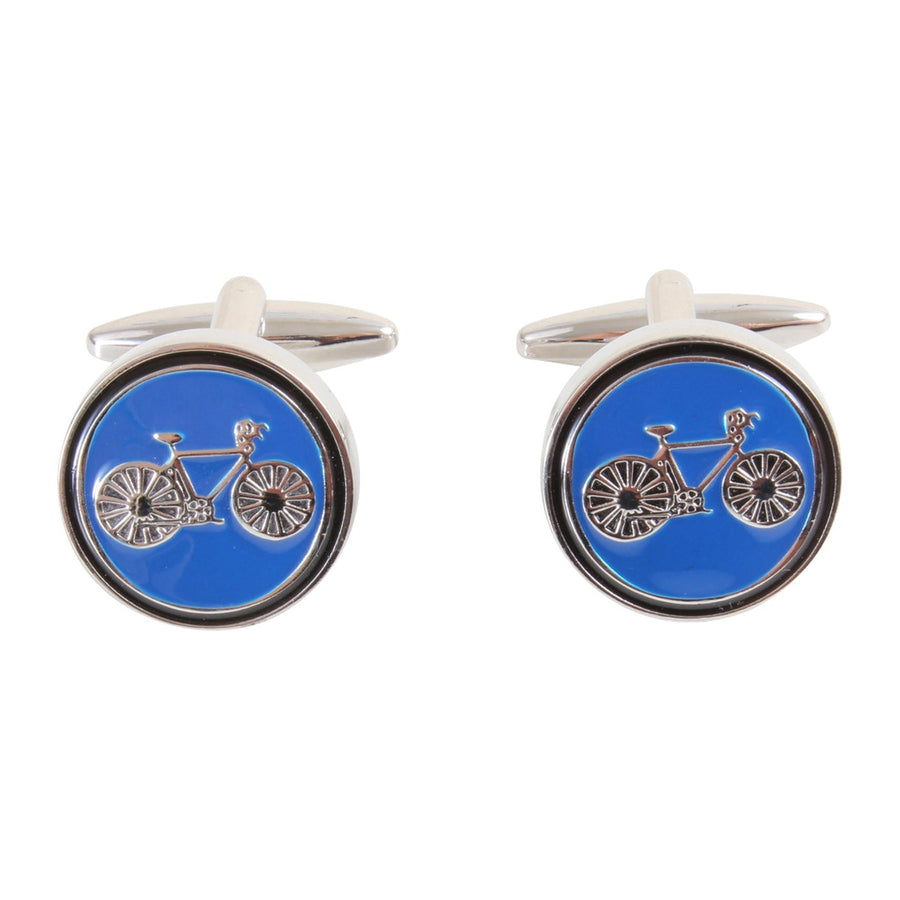 Blue Bicycle Round Cufflinks - Leonard Silver - front view of pair
