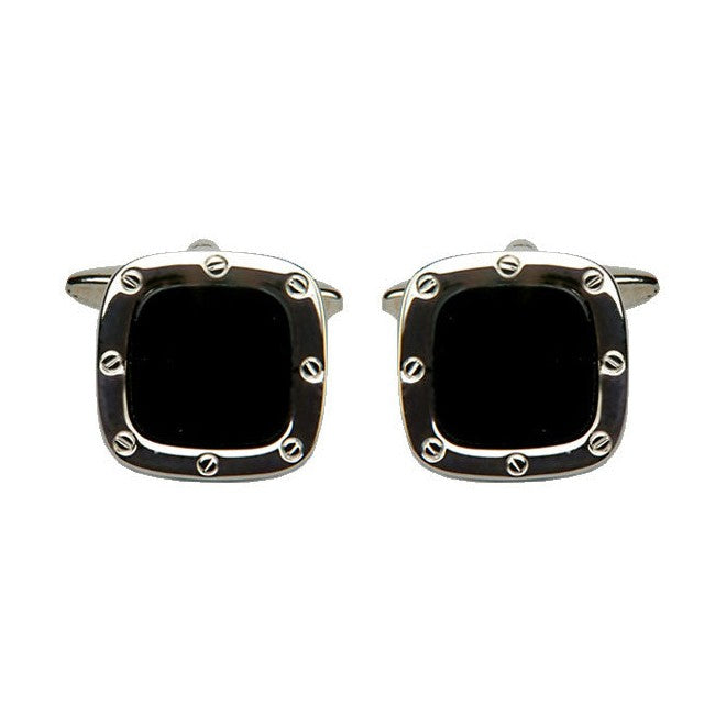 Onyx Port Hole Rhodium Cushion Cufflinks - Leonard Silver - front view of pair