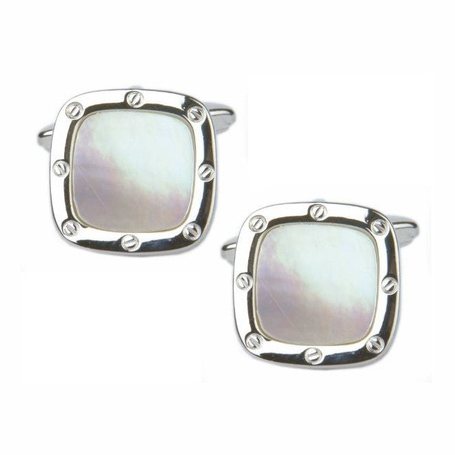 Mother Of Pearl Porthole Cushion Cufflinks - Leonard Silver - pair shown front