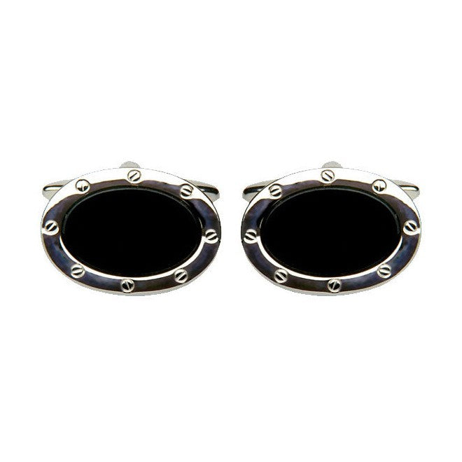 Onyx Oval Port Hole Rhodium Plated Cufflinks - Leonard Silver - pair, front view