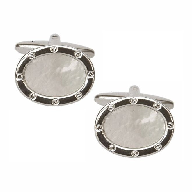 Mother Of Pearl Oval Port Hole Cufflinks - Leonard Silver - pair, front view