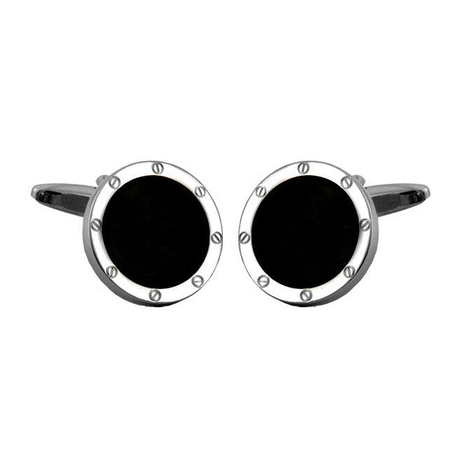 Onyx Port Hole Round Rhodium Plated Cufflinks - Leonard Silver - pair, front view