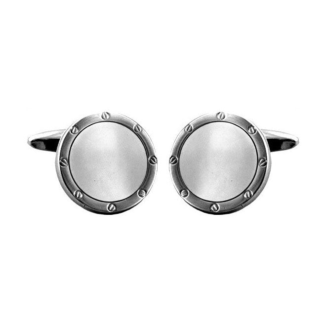 Mother Of Pearl Port Hole Rhodium Cufflinks - Leonard Silver - pair shown front on