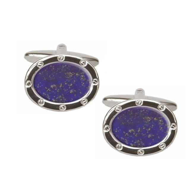 Lapis Lazuli Oval Port Hole Rhodium Plated Cufflinks - Leonard Silver - angled pair