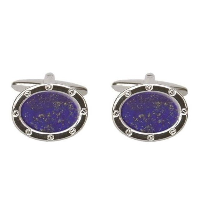 Lapis Lazuli Oval Port Hole Rhodium Plated Cufflinks - Leonard Silver - front view of both faces