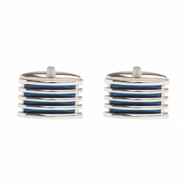 Blue Enamel 4-Rib Rhodium Plated Cufflinks - Leonard Silver - front view of pair