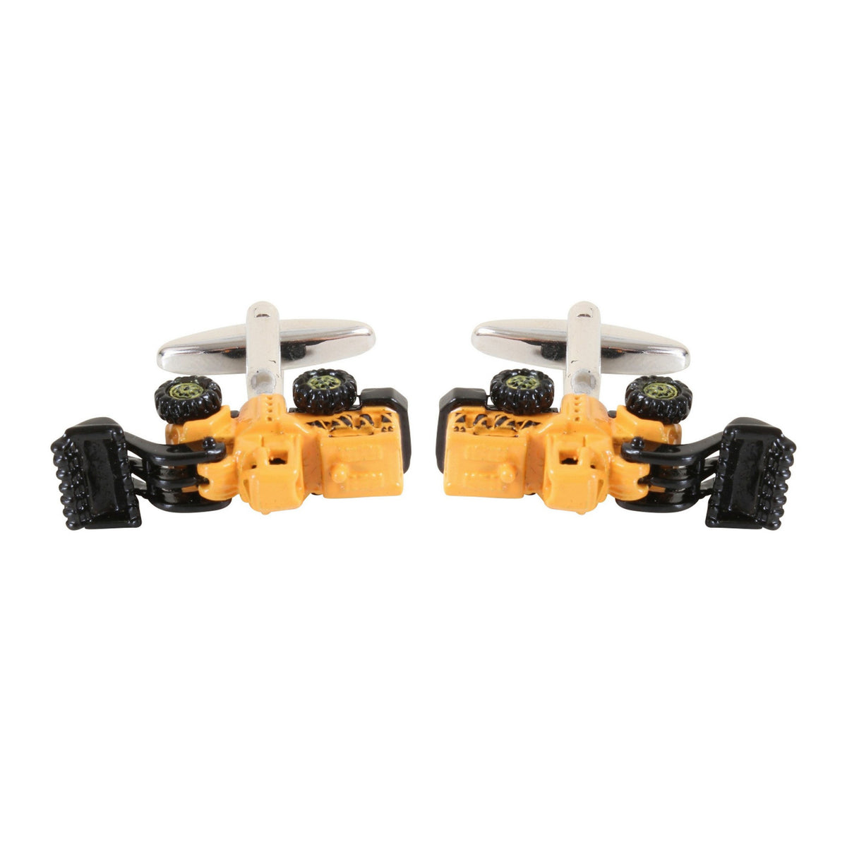 Yellow Dumper Truck Moving Front Cufflinks - Leonard Silver - pair shown front on with swivel bar backs