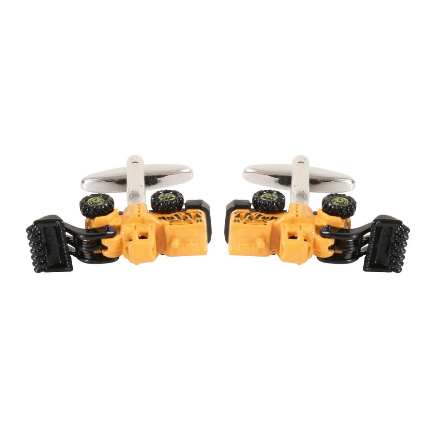 Yellow Dumper Truck Moving Front Cufflinks - Leonard Silver - pair shown front on with swivel bar backs