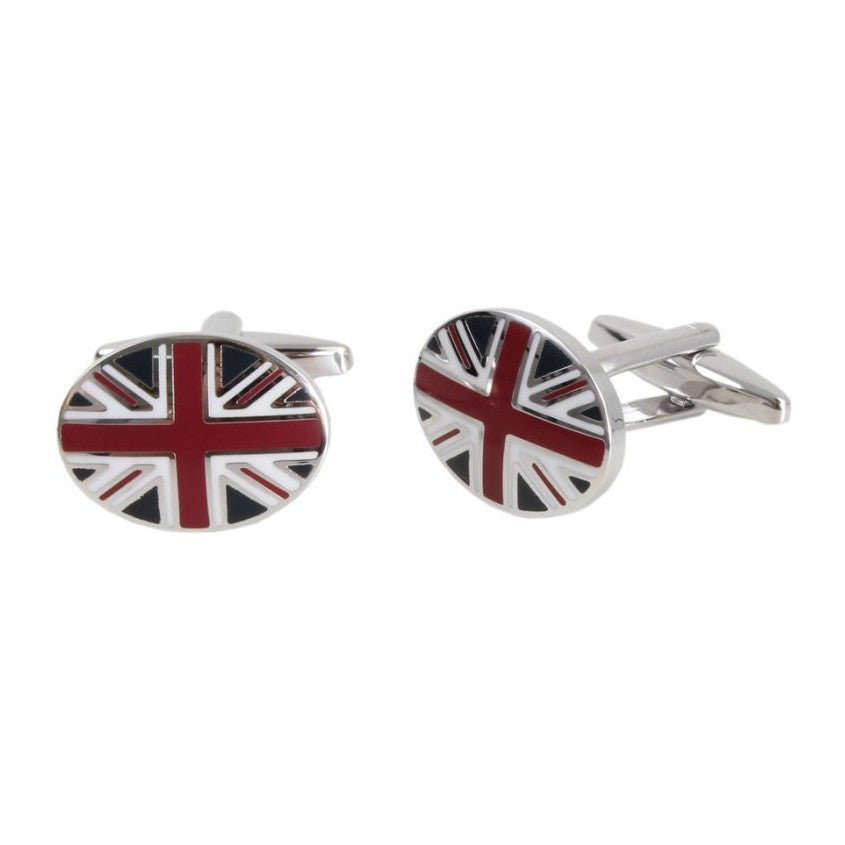 Oval Union Jack Rhodium Plated Cufflinks - Leonard Silver - pair shown front and side
