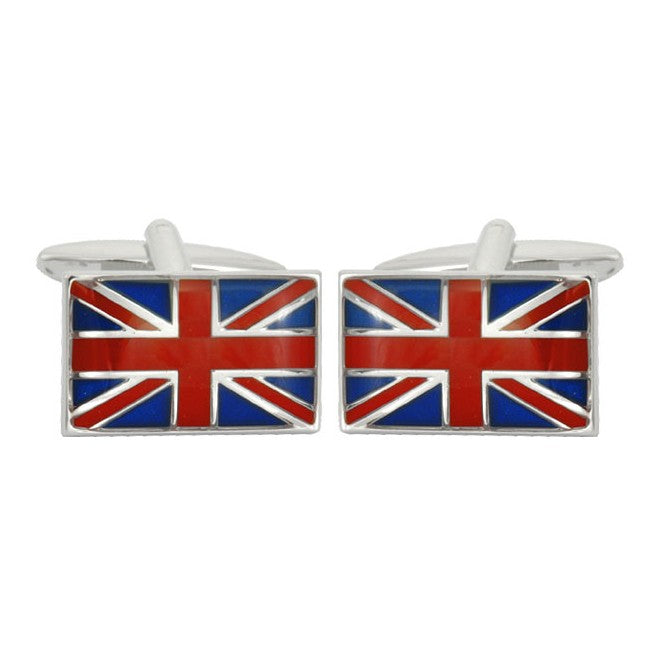Union Jack Flag Rhodium Plated Cufflinks - Leonard Silver - pair, front view