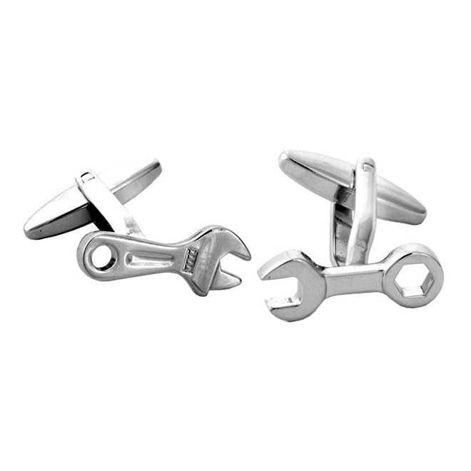 Spanner Rhodium Plated Cufflinks - Leonard Silver - pair shown front and side