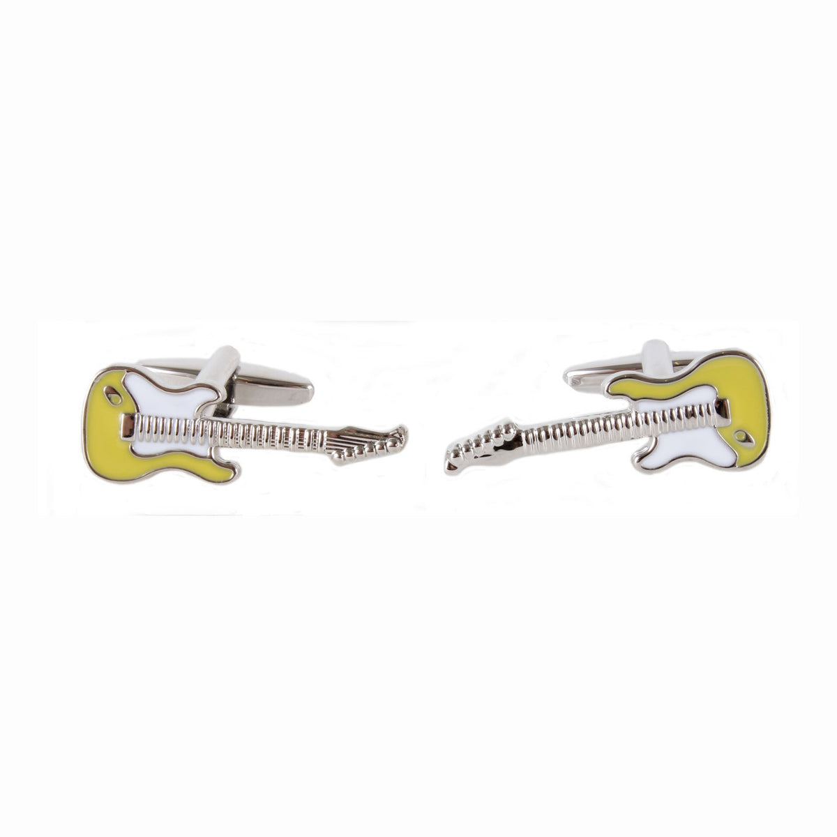 Yellow Guitar Rhodium Plated Cufflinks - Leonard Silver - pair shown front and back