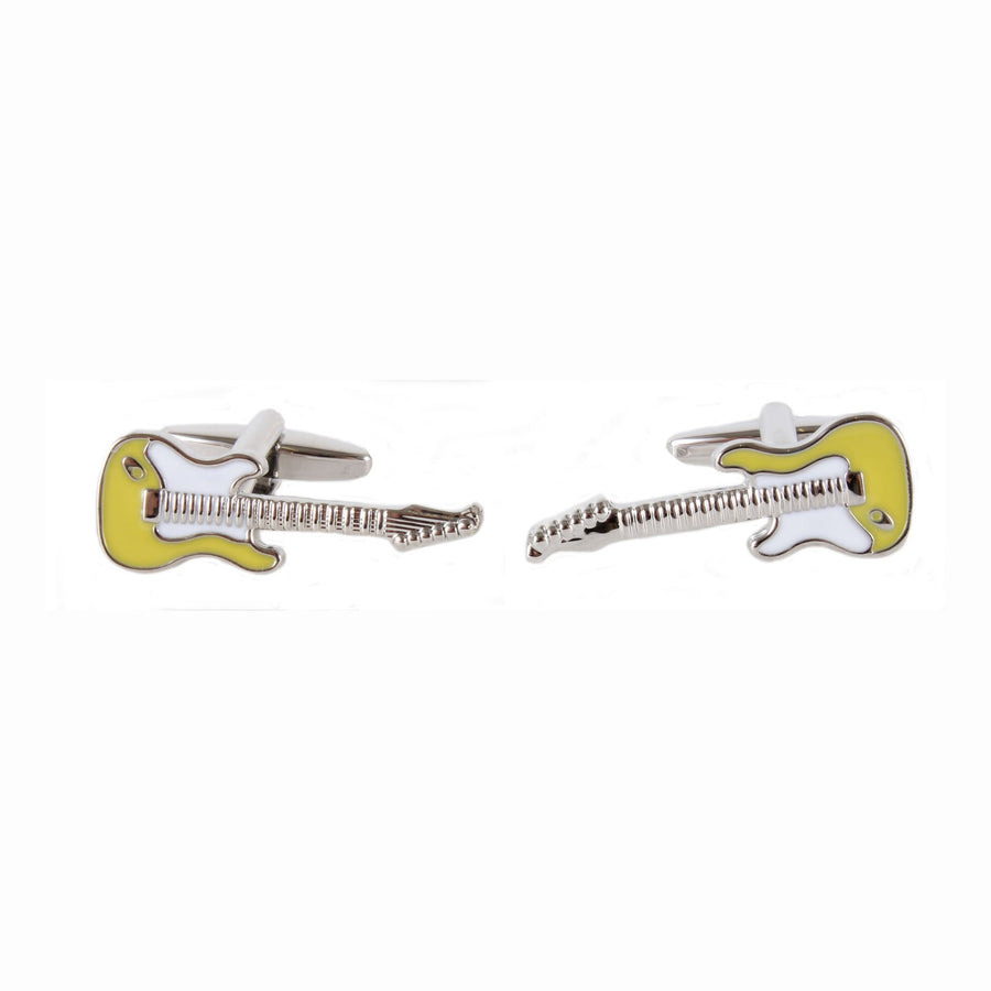 Yellow Guitar Rhodium Plated Cufflinks - Leonard Silver - pair shown front and back