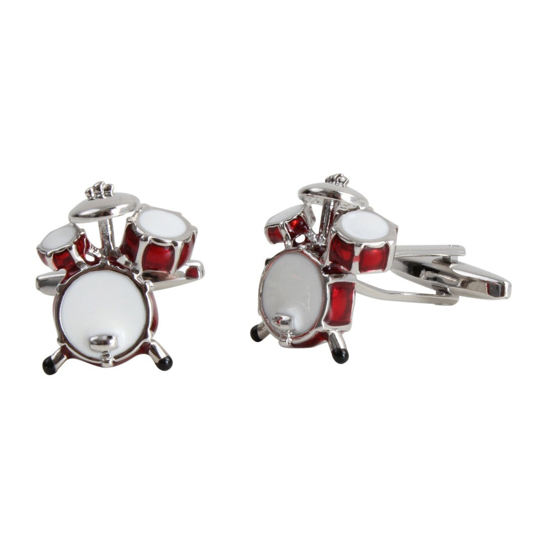 Red Drum Kit Cufflinks in Rhodium Finish - Leonard Silver - angled view showing swivel bar fitting