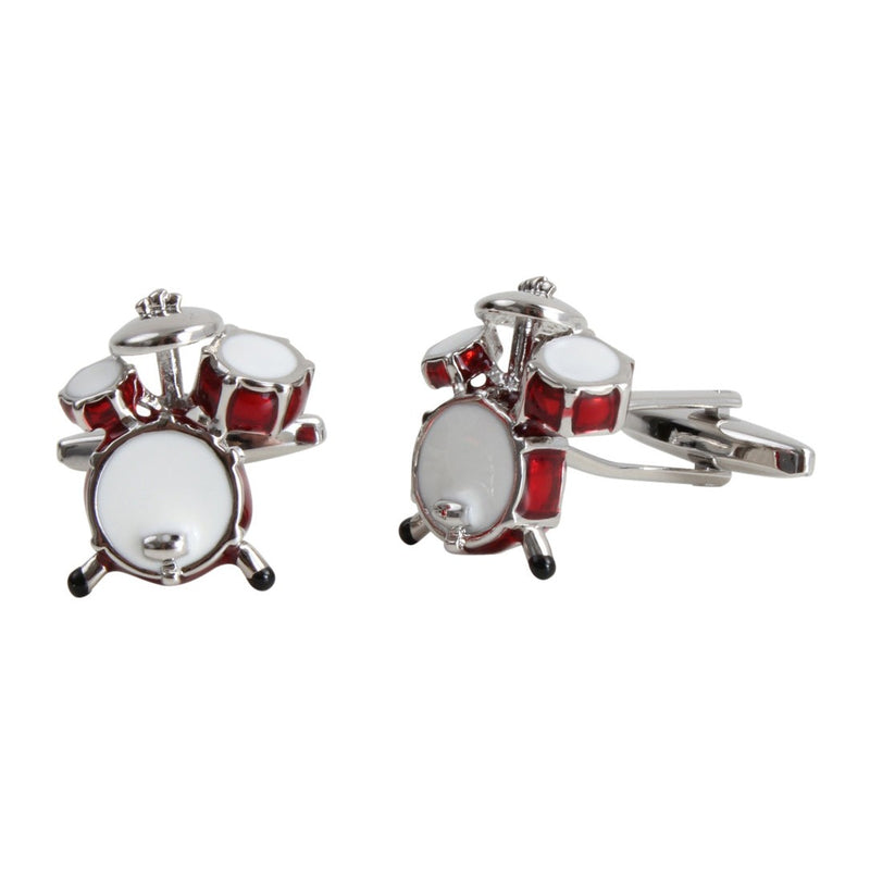 Red Drum Kit Cufflinks in Rhodium Finish - Leonard Silver - angled view showing swivel bar fitting