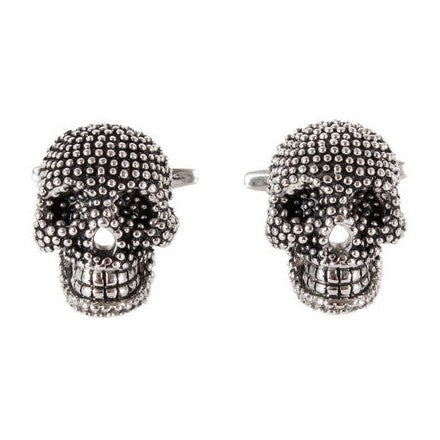 Beaded Silver Tone Skull Cufflinks - Leonard Silver - pair, front view