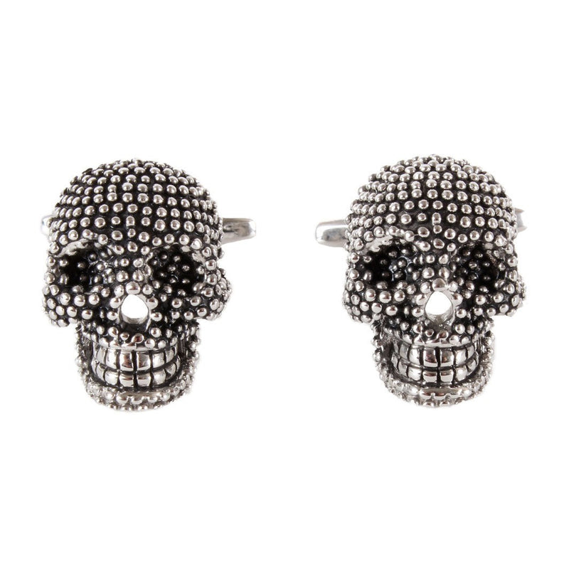 Beaded Silver Tone Skull Cufflinks - Leonard Silver - close detail of beaded skulls