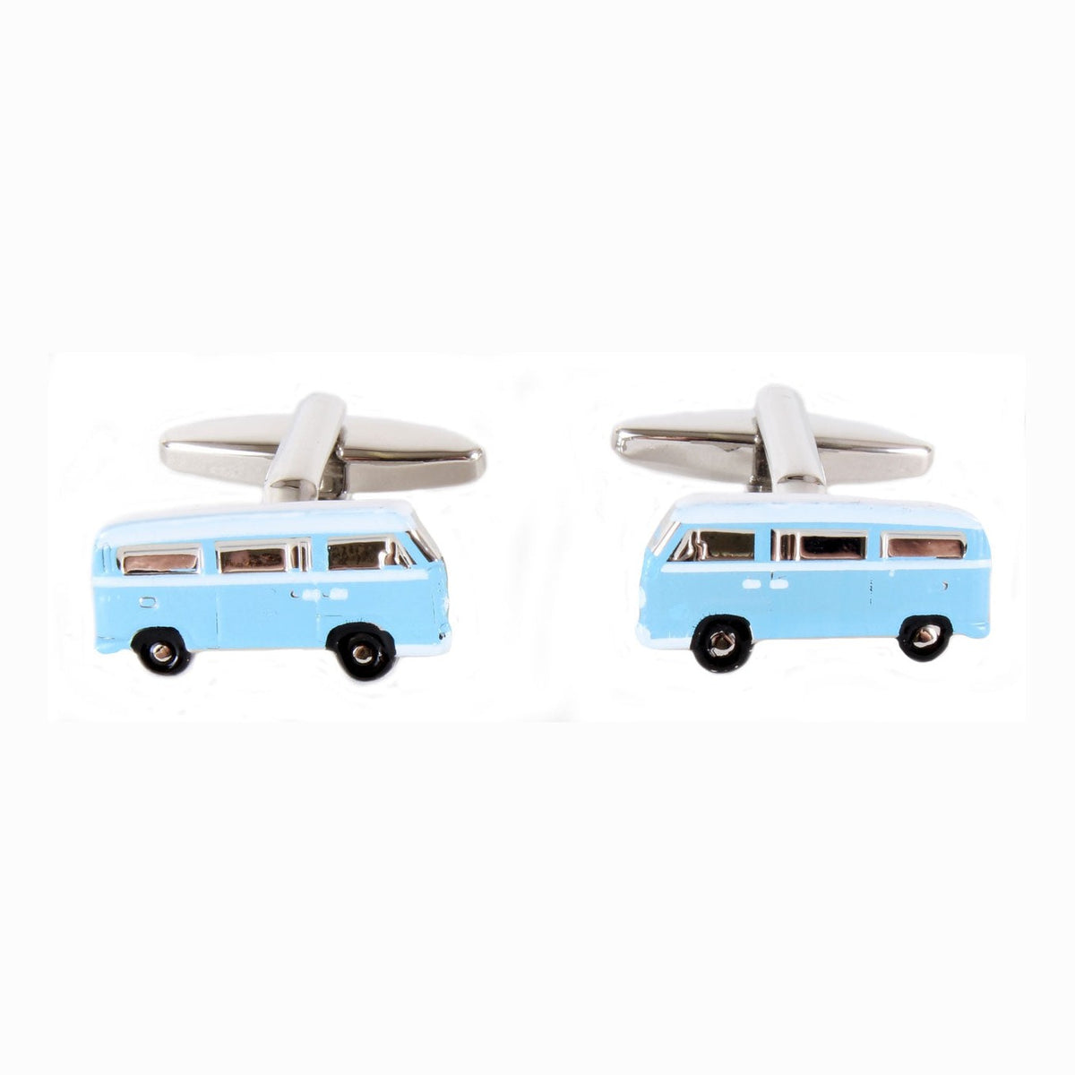 Blue Campervan Rhodium Plated Cufflinks - Leonard Silver - pair shown front