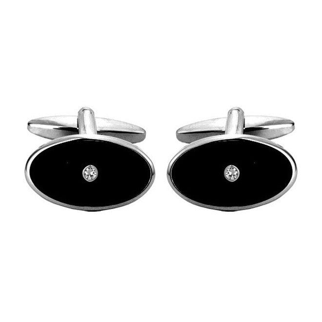 Black Enamel Oval Crystal Rhodium Plated Cufflinks - Leonard Silver - front view of pair