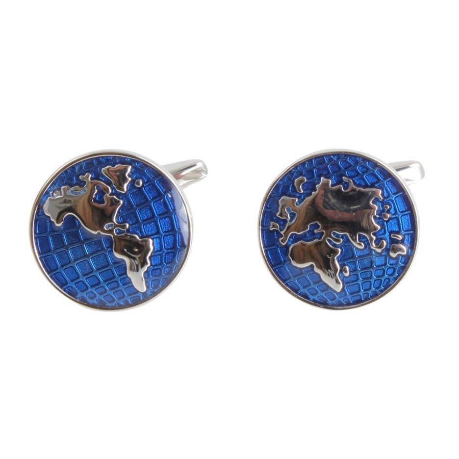 Blue World Map Globe Cufflinks in Rhodium - Leonard Silver - front view of the pair