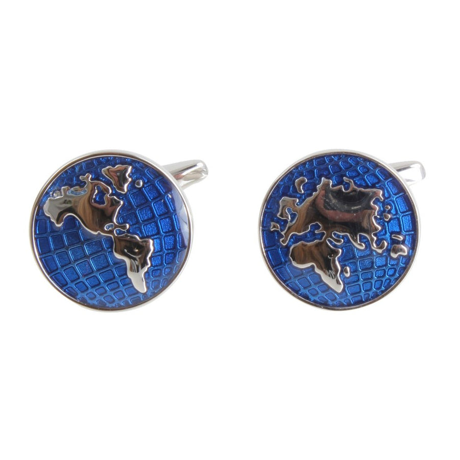 Blue World Map Globe Cufflinks in Rhodium - Leonard Silver - front view of the pair