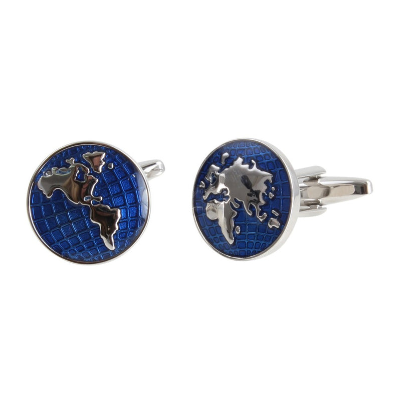 Blue World Map Globe Cufflinks in Rhodium - Leonard Silver - angled view showing swivel bar fittings