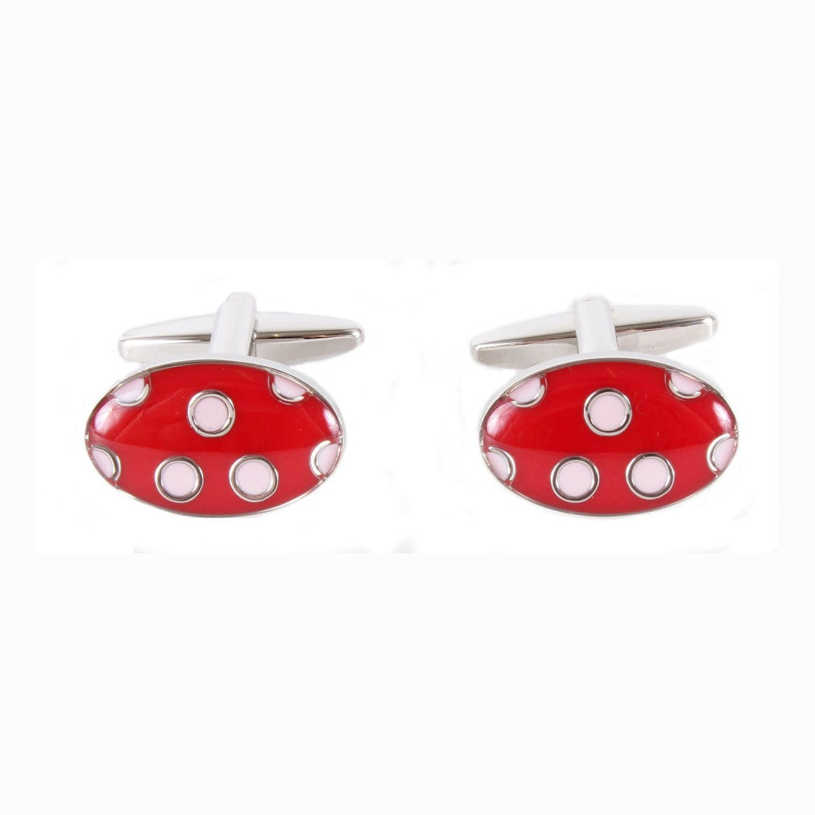 Red And White Spot Oval Cufflinks - Leonard Silver - front view of pair